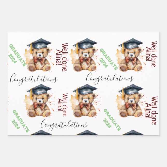 graduate gift grads party cute bear wrapping paper sheets (Front)