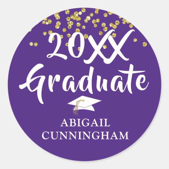 Graduate Glitter Confetti Brush Script Name Purple Classic Round Sticker (Front)