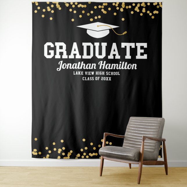 Graduate Gold Black Graduation Party Backdrop (In Situ)