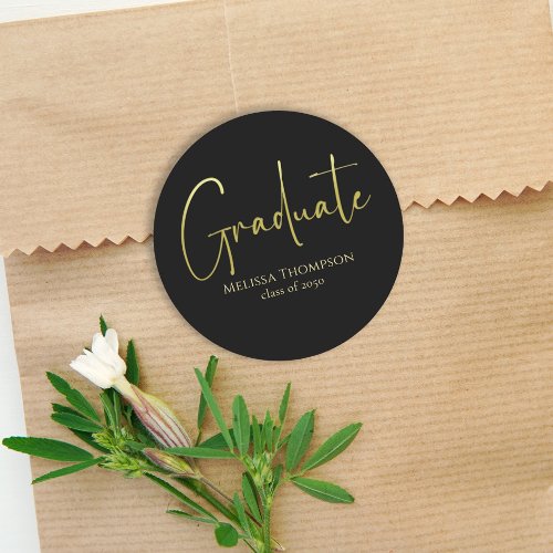 Graduate Gold Black Simple Minimalist Grad Classic Round Sticker