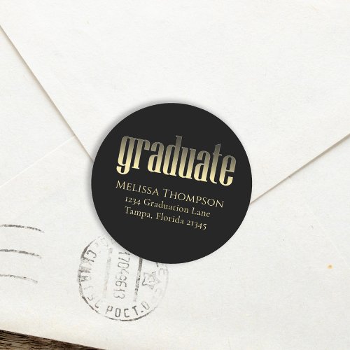 Graduate Gold Black Simple Return Address  Classic Round Sticker