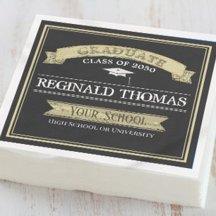 Graduate Gold Black Vintage Banner Mortarboard Napkins