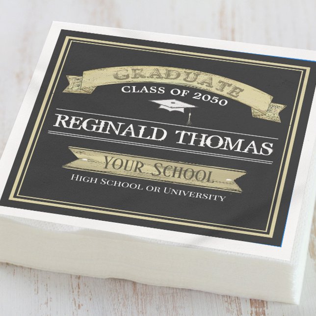 Graduate Gold Black Vintage Banner Mortarboard Napkins (Creator Uploaded)