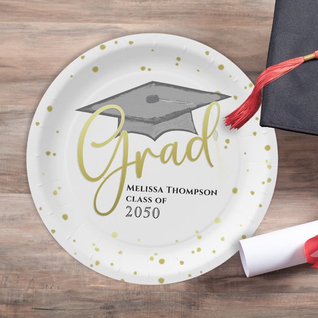 Graduate Gold Calligraphy Graduation Grad Cap  Paper Plates (Creator Uploaded)
