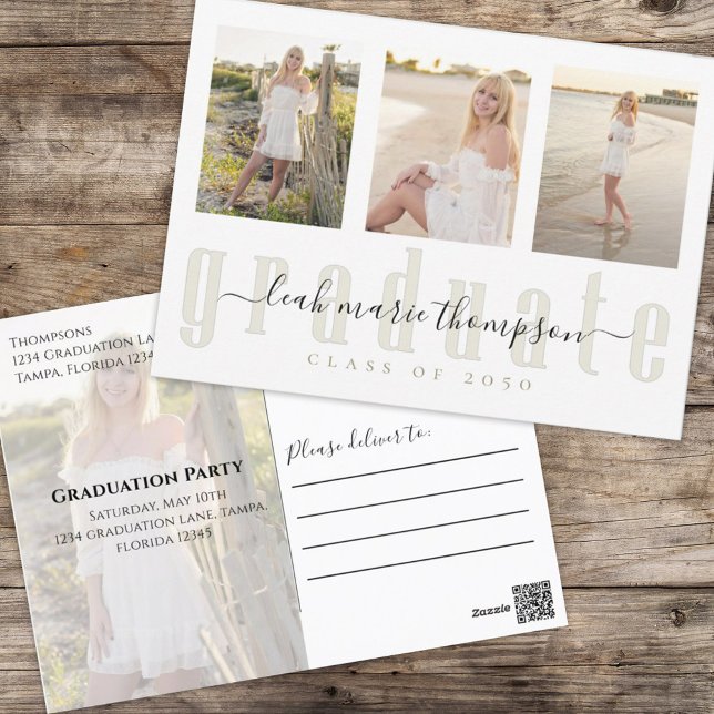 Graduate Gold Calligraphy Script Photo Collage Postcard (Graduation photo postcard with a two-photo template and gold calligraphy.)