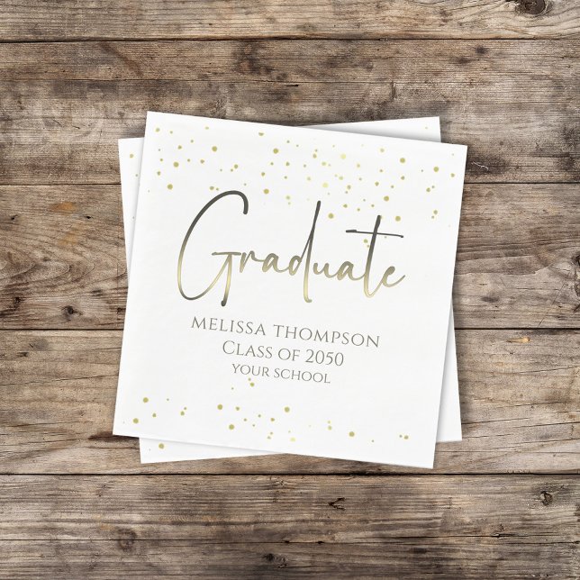 Graduate Gold Confetti Modern Calligraphy Cocktail Napkins (Creator Uploaded)