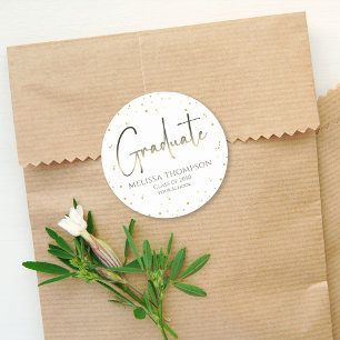 Graduate Gold Confetti Modern Calligraphy Script Classic Round Sticker
