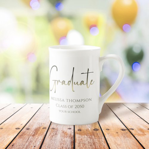 Graduate Gold Confetti Modern Calligraphy Script P Bone China Mug