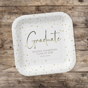 Graduate Gold Confetti Modern Calligraphy Script Paper Plates