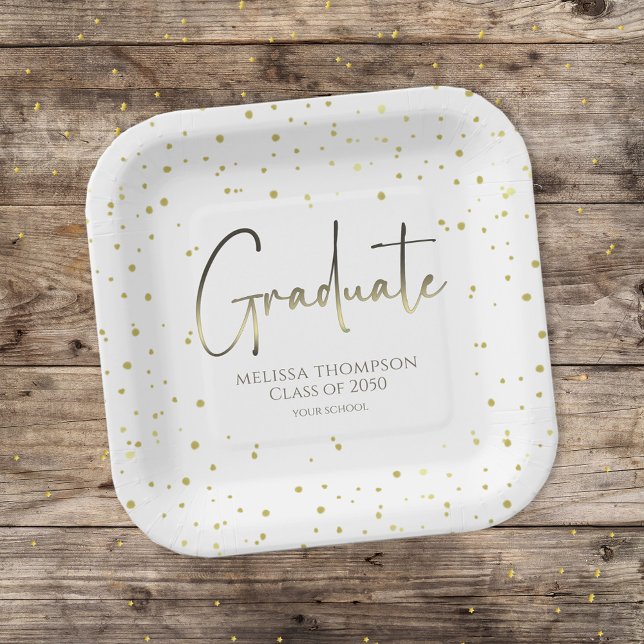 Graduate Gold Confetti Modern Calligraphy Script Paper Plates (Creator Uploaded)