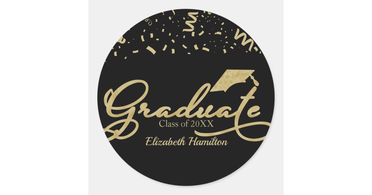 Graduate Gold Foil Graduation Party Black Classic Round Sticker | Zazzle