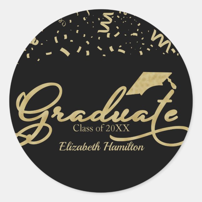 Graduate Gold Foil Graduation Party Black Classic Round Sticker (Front)