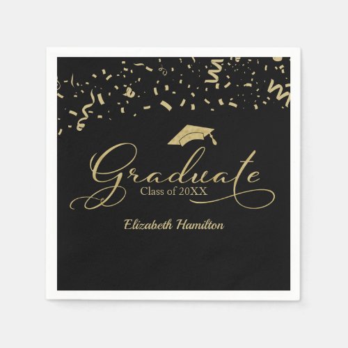 Graduate Gold Foil Graduation Party Black Napkins