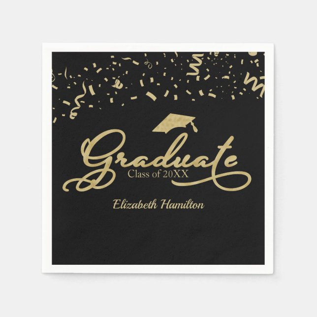 Graduate Gold Foil Graduation Party Black Napkins (Front)