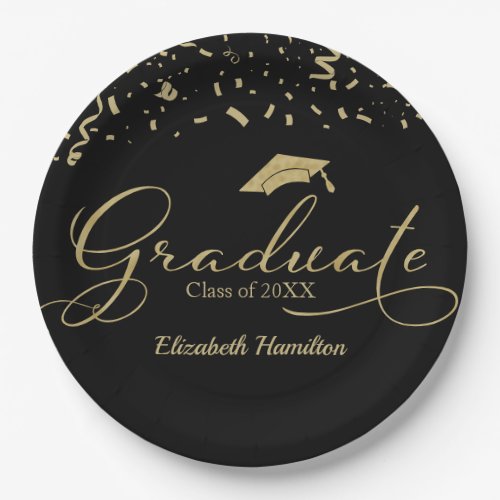 Graduate Gold Foil Graduation Party Black Paper Plates