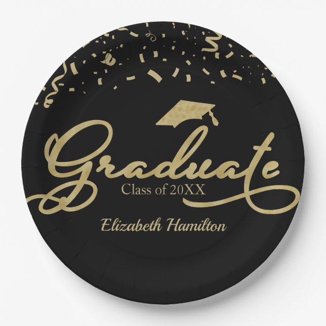 Graduate Gold Foil Graduation Party Black Paper Plates (Front)