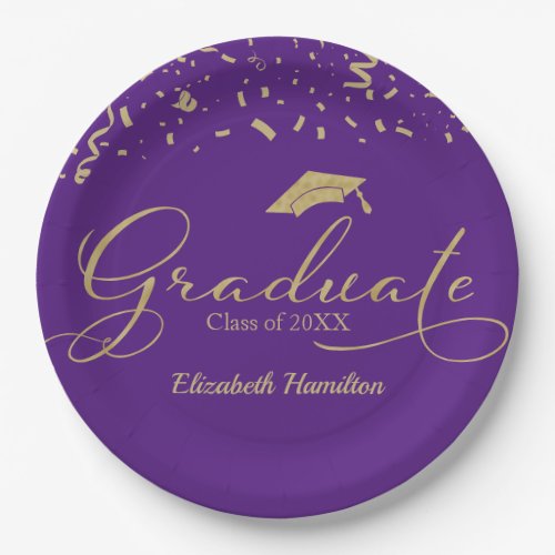 Graduate Gold Foil Graduation Party Black Purple Paper Plates