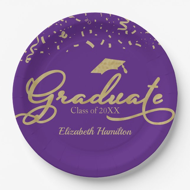 Graduate Gold Foil Graduation Party Black Purple Paper Plates (Front)