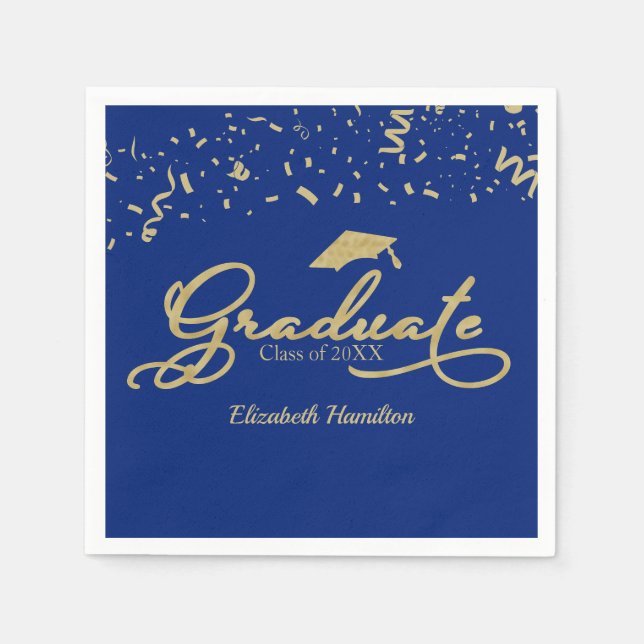 Graduate Gold Foil Graduation Party Blue Napkins (Front)