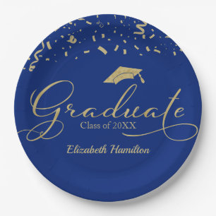 Graduate Gold Foil Graduation Party Blue Paper Plates