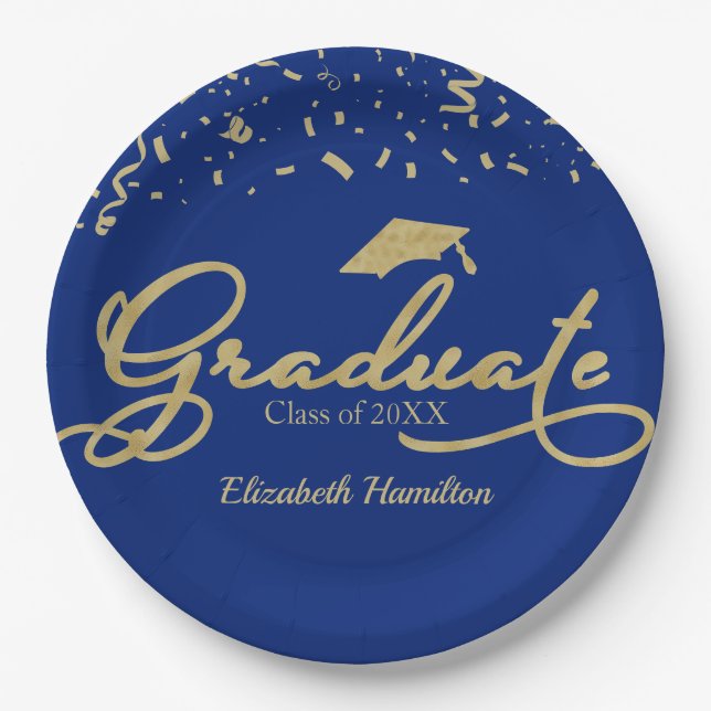 Graduate Gold Foil Graduation Party Blue Paper Plates (Front)