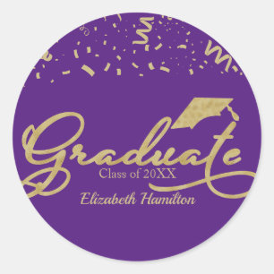 Graduate Gold Foil Graduation Party Purple Classic Round Sticker