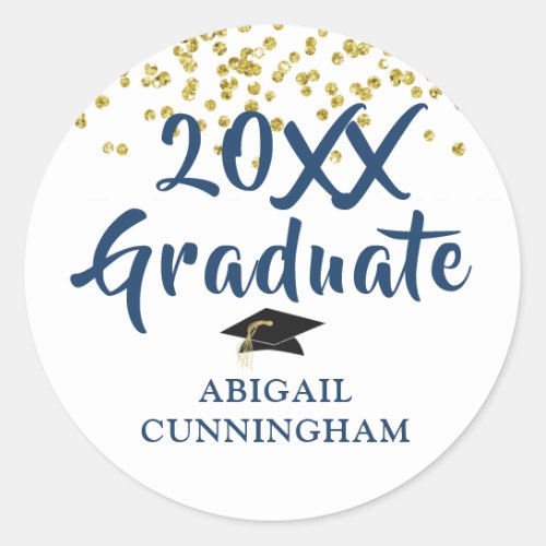 Graduate Gold Glitter Confetti Brush Script Blue Classic Round Sticker