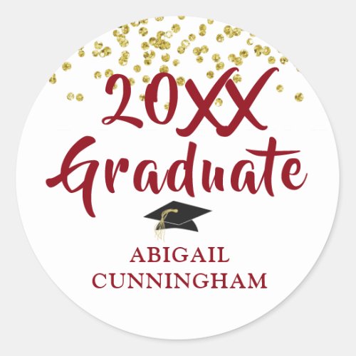 Graduate Gold Glitter Confetti Brush Script Red Classic Round Sticker