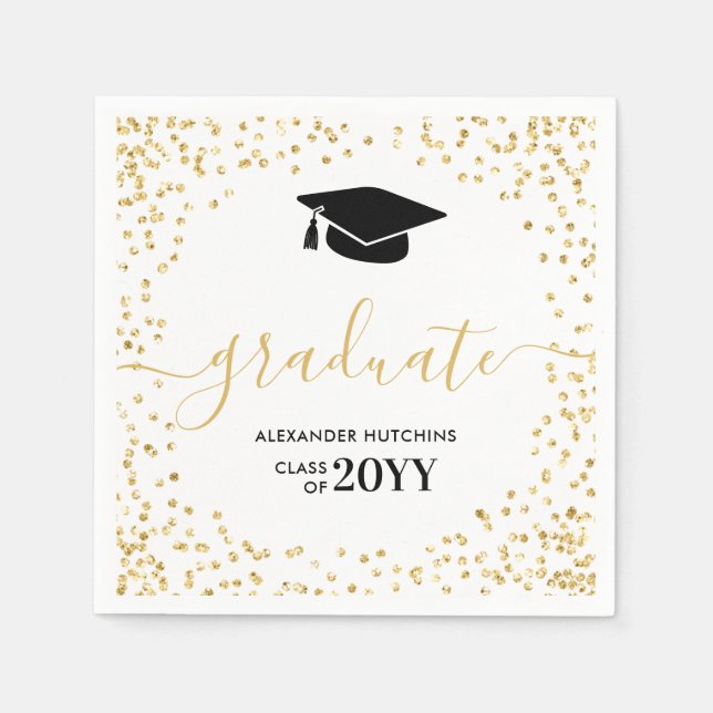 Graduate Gold Glitter Confetti Graduation Party Napkins (Front)