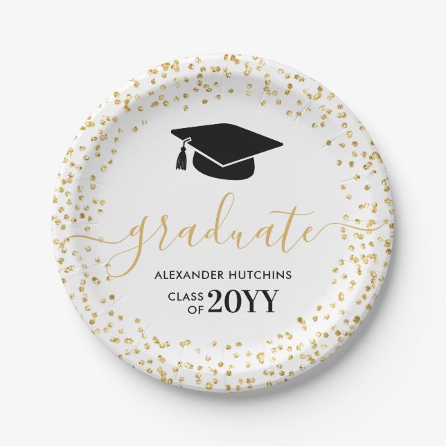 Graduate Gold Glitter Confetti Graduation Party Paper Plates (Front)