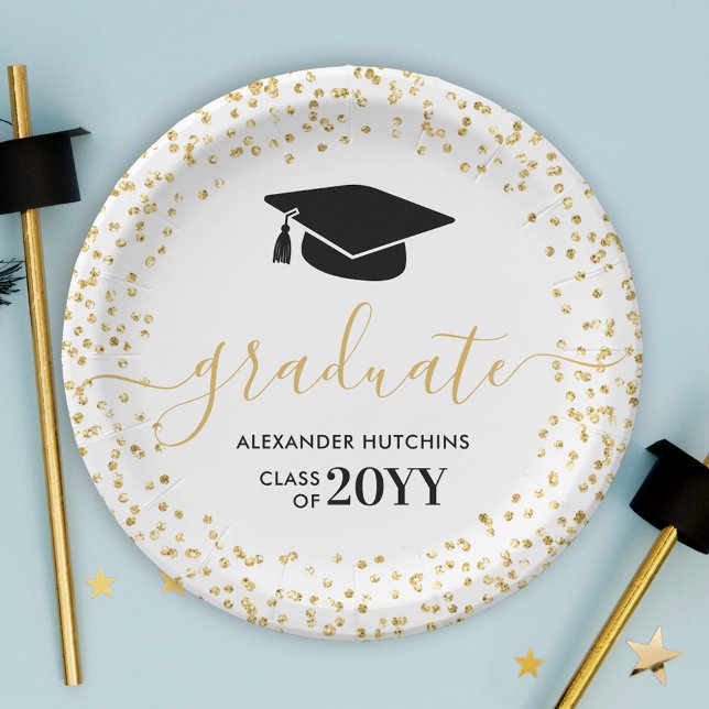 Graduate Gold Glitter Confetti Graduation Party Paper Plates (Creator Uploaded)