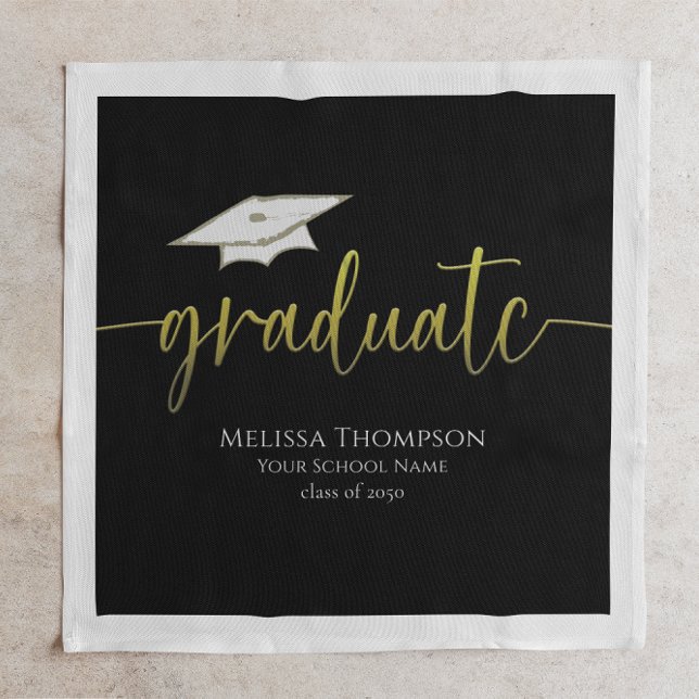 Graduate Gold Graduation Cap Modern Class of Napkins (Modern gold graduate napkin with graduation cap icon and custom Class of details.)