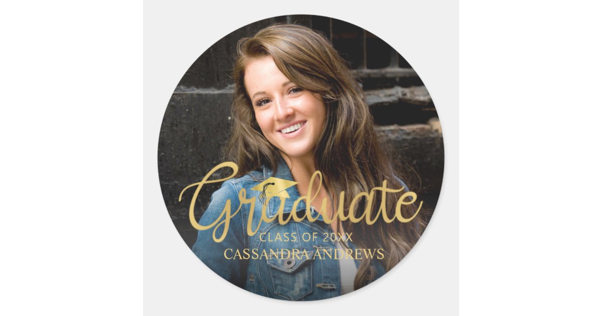 Graduate Gold Handwritten Script Photo Classic Round Sticker | Zazzle