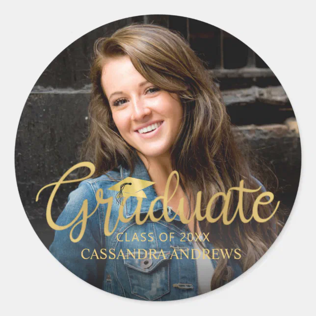 Graduate Gold Handwritten Script Photo Classic Round Sticker | Zazzle
