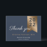 Graduate Gold Navy Faux Foil Flat Thank You Card<br><div class="desc">Gracias,  merci,  grazie,  arigato,  or danke,  say thank you with this 5” x 7” graduation card. Featuring a gold faux foil sash on a navy blue background along with a placeholder for your favorite photo on the back and ample room to write your ‘thank you’ message.</div>