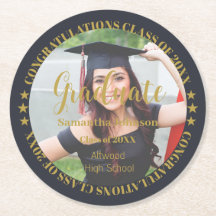 Graduate Gold Photo Round Paper Coaster