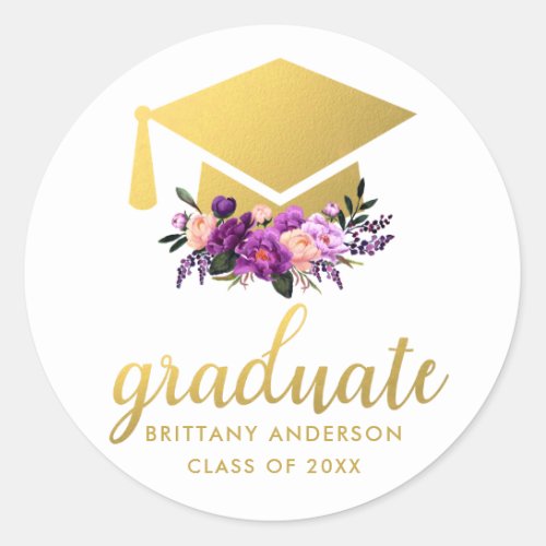 Graduate Gold Purple Watercolor Floral Classic Round Sticker