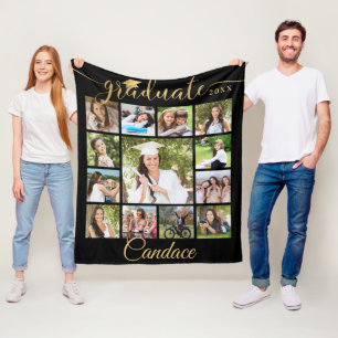 Graduate Gold Script 13 Photo Collage Your Color Fleece Blanket