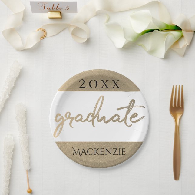 Graduate Gold Script | Classy Brush with Year Paper Plates (Wedding)