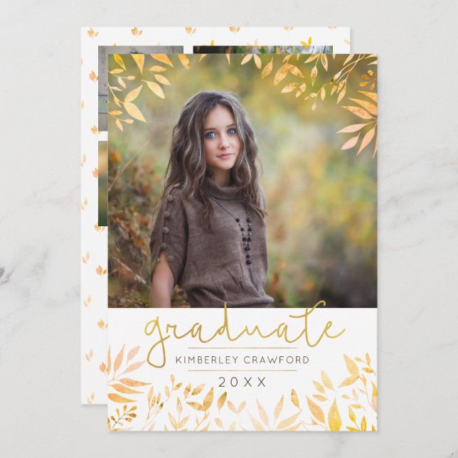 Graduate Gold Script Foliage Photo Collage Invitation (Front/Back)