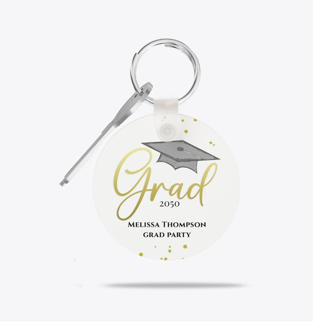 Graduate Gold Script Graduation Party Favor  Keychain (Gold script graduate design on sleek black background for stylish graduation party favor.)