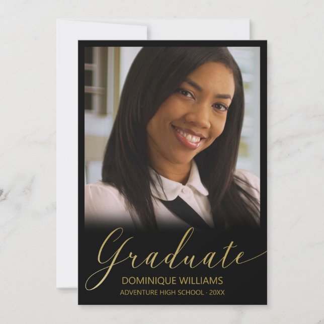 Graduate Gold Script Photo Black Frame Announcement (Front)