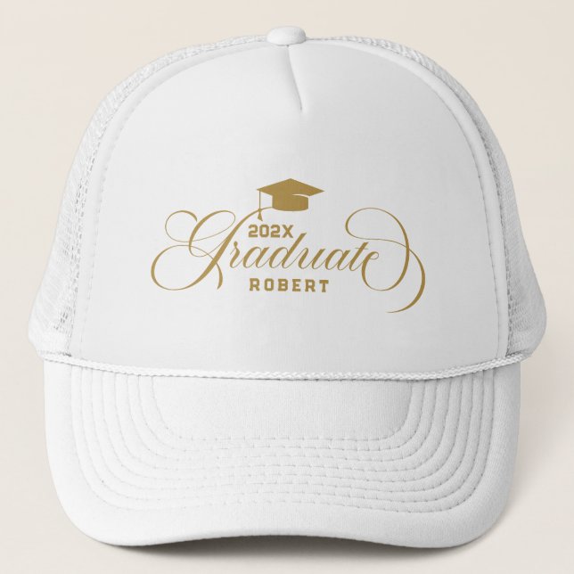 Graduate-Gold Script Typography Custom Text Trucker Hat (Front)