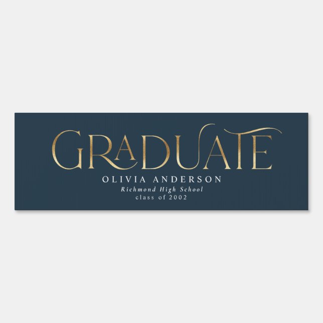 Graduate gold typography modern simple navy blue sign (Front)