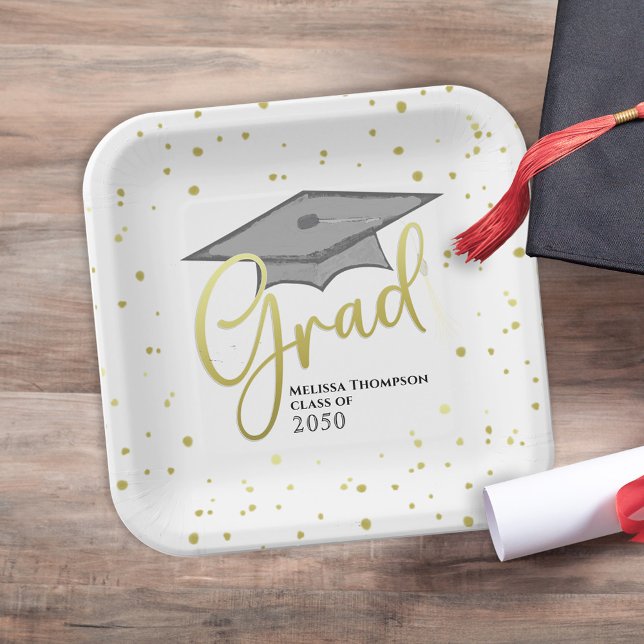 Graduate Grad Gold Calligraphy Graduation Cap Paper Plates (Creator Uploaded)