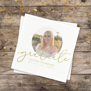 Graduate Grad Gold Calligraphy Minimalist Photo Napkins
