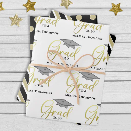 Graduate Grad Gold Graduation Script Cap Wrapping Paper Sheets