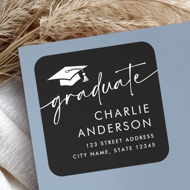Graduate graduation cap black return address square sticker (Graduate graduation cap black return address square sticker)