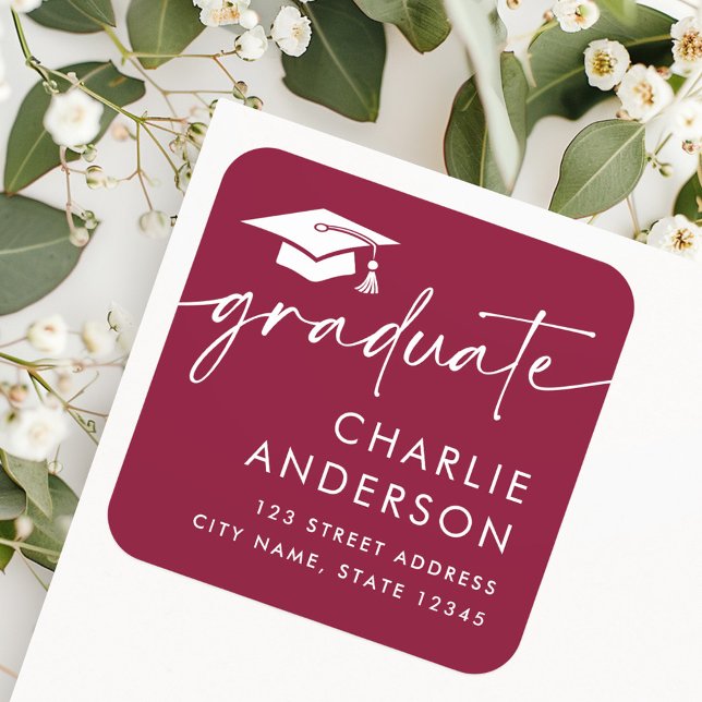 Graduate graduation cap burgundy return address square sticker (Graduate graduation cap burgundy return address square sticker)
