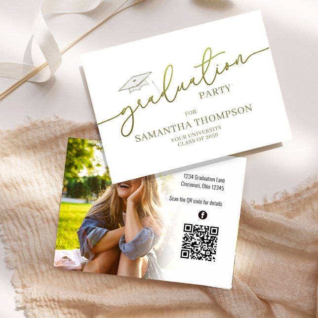 Graduate Graduation Cap Photo Party QR Code  Business Card (Graduation gold calligraphy script party insert card with photo. )